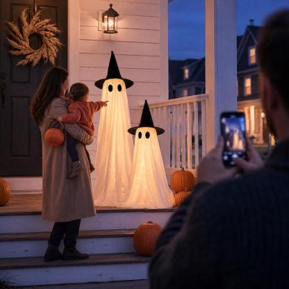 Set de 2 fantasmas luminosos y espeluznantes de 1,5 metros (5 pies) para Halloween; decoración resistente al viento para interiores y exteriores, incluye luces de cadena, bolsas de agua y sombreros; ideal para porches, jardines y fiestas.