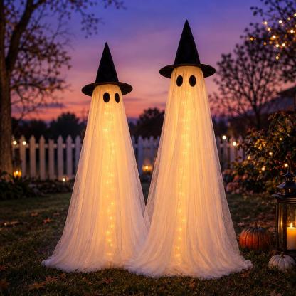 Set de 2 fantasmas luminosos y espeluznantes de 1,5 metros (5 pies) para Halloween; decoración resistente al viento para interiores y exteriores, incluye luces de cadena, bolsas de agua y sombreros; ideal para porches, jardines y fiestas.