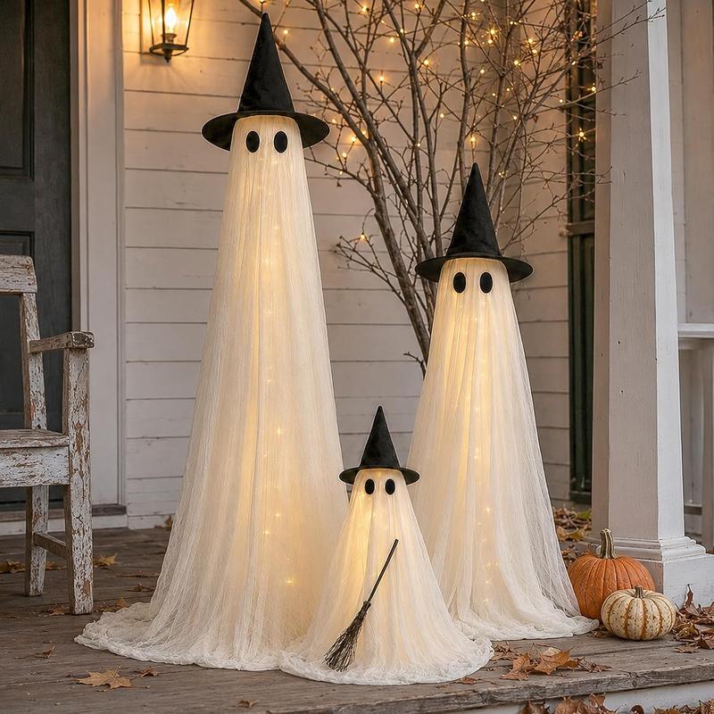 Set de 2 fantasmas luminosos y espeluznantes de 1,5 metros (5 pies) para Halloween; decoración resistente al viento para interiores y exteriores, incluye luces de cadena, bolsas de agua y sombreros; ideal para porches, jardines y fiestas.