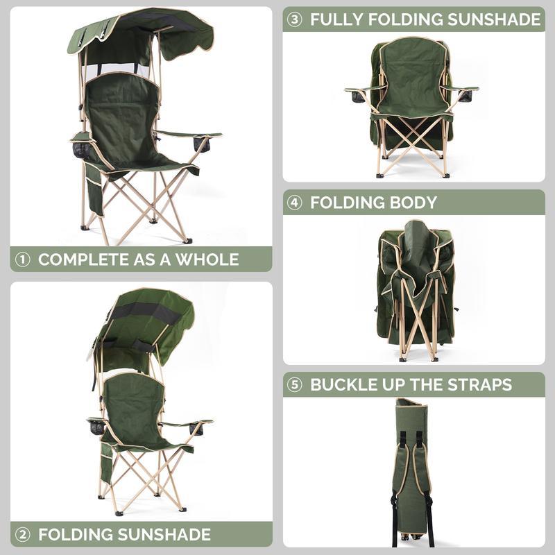 Silla de camping ancha y mejorada con parasol plegable; ideal para playa, acampada, pesca o eventos deportivos al aire libre | Incluye dos portavasos y bolsa de transporte; artículo esencial para acampada.