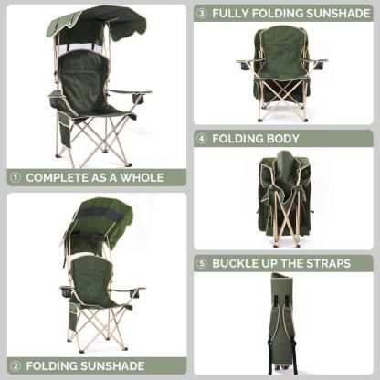 Silla de camping ancha y mejorada con parasol plegable; ideal para playa, acampada, pesca o eventos deportivos al aire libre | Incluye dos portavasos y bolsa de transporte; artículo esencial para acampada.