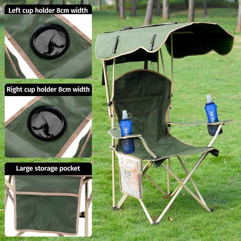 Silla de camping ancha y mejorada con parasol plegable; ideal para playa, acampada, pesca o eventos deportivos al aire libre | Incluye dos portavasos y bolsa de transporte; artículo esencial para acampada.
