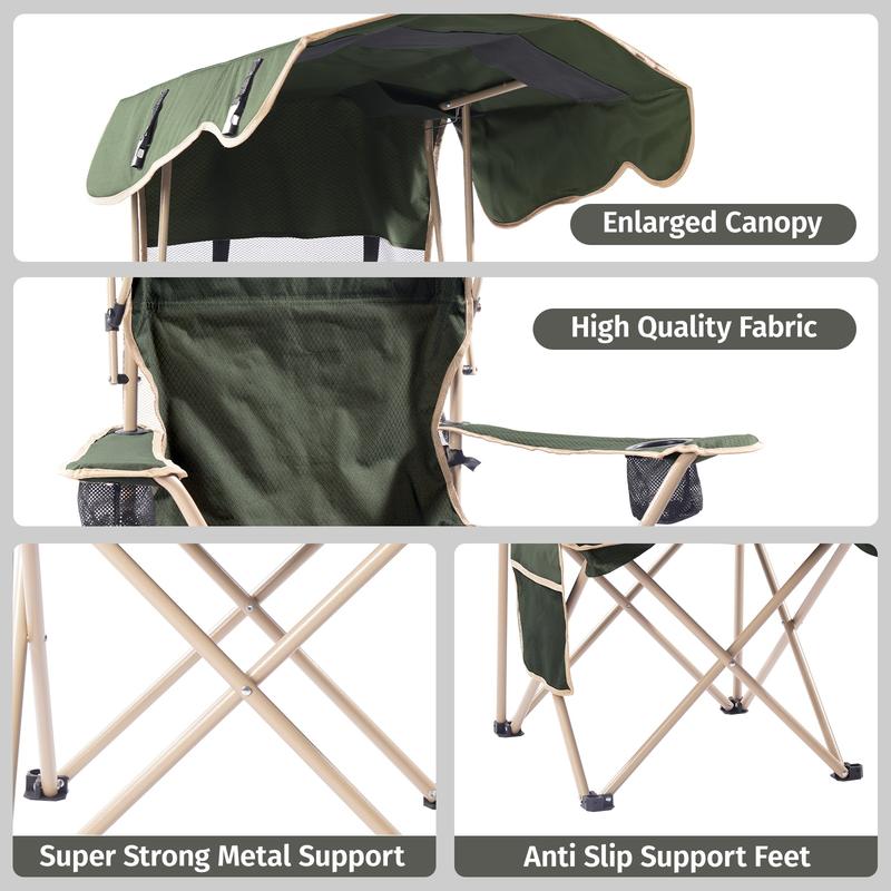 Silla de camping ancha y mejorada con parasol plegable; ideal para playa, acampada, pesca o eventos deportivos al aire libre | Incluye dos portavasos y bolsa de transporte; artículo esencial para acampada.