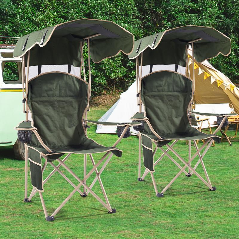Silla de camping ancha y mejorada con parasol plegable; ideal para playa, acampada, pesca o eventos deportivos al aire libre | Incluye dos portavasos y bolsa de transporte; artículo esencial para acampada.