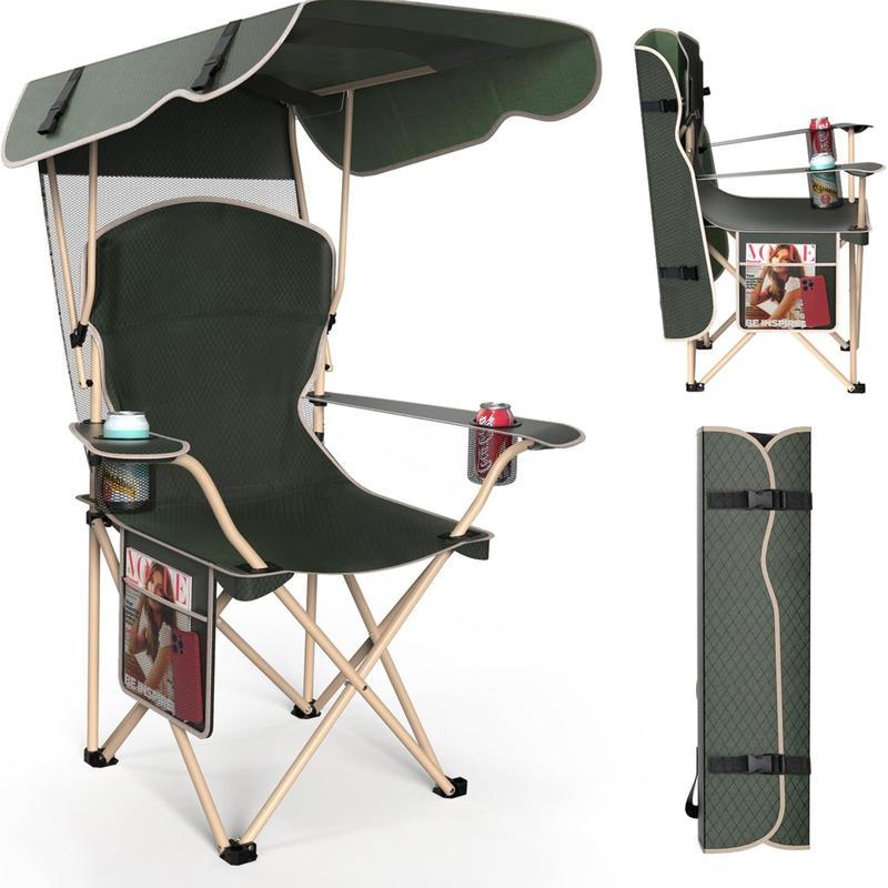 Silla de camping ancha y mejorada con parasol plegable; ideal para playa, acampada, pesca o eventos deportivos al aire libre | Incluye dos portavasos y bolsa de transporte; artículo esencial para acampada.