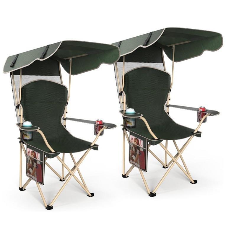 Silla de camping ancha y mejorada con parasol plegable; ideal para playa, acampada, pesca o eventos deportivos al aire libre | Incluye dos portavasos y bolsa de transporte; artículo esencial para acampada.