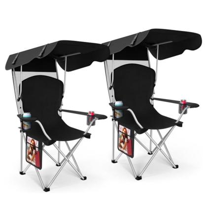 Silla de camping ancha y mejorada con parasol plegable; ideal para playa, acampada, pesca o eventos deportivos al aire libre | Incluye dos portavasos y bolsa de transporte; artículo esencial para acampada.