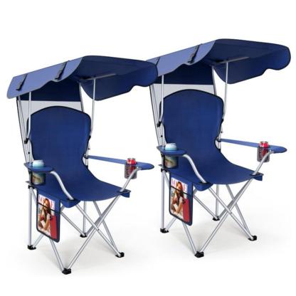 Silla de camping ancha y mejorada con parasol plegable; ideal para playa, acampada, pesca o eventos deportivos al aire libre | Incluye dos portavasos y bolsa de transporte; artículo esencial para acampada.