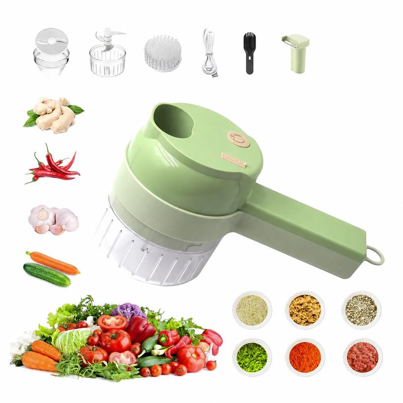 Picadora de alimentos eléctrica portátil 4 en 1: miniprocesador de alimentos con cuchilla de acero inoxidable, accesorio para rebanar, batidor, cepillo de limpieza y empujador de alimentos; herramienta de cocina compacta para preparar ajo, verduras, huevo