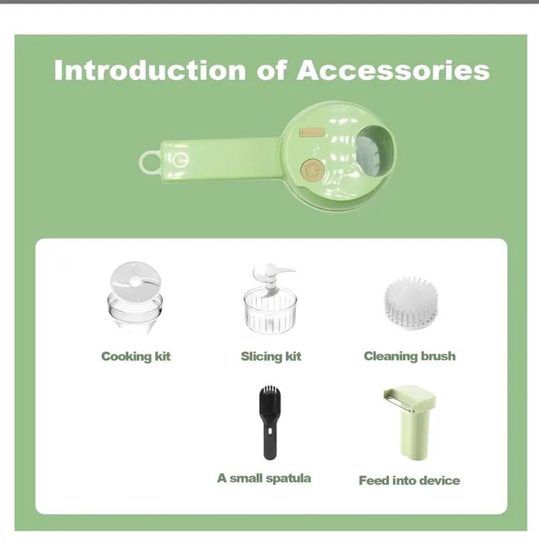 Picadora de alimentos eléctrica portátil 4 en 1: miniprocesador de alimentos con cuchilla de acero inoxidable, accesorio para rebanar, batidor, cepillo de limpieza y empujador de alimentos; herramienta de cocina compacta para preparar ajo, verduras, huevo