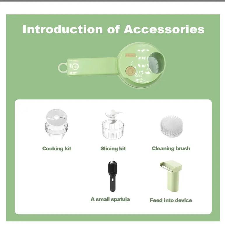 Picadora de alimentos eléctrica portátil 4 en 1: miniprocesador de alimentos con cuchilla de acero inoxidable, accesorio para rebanar, batidor, cepillo de limpieza y empujador de alimentos; herramienta de cocina compacta para preparar ajo, verduras, huevo