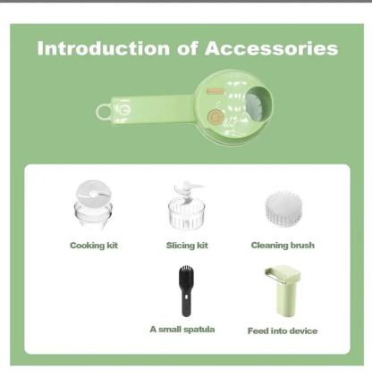 Picadora de alimentos eléctrica portátil 4 en 1: miniprocesador de alimentos con cuchilla de acero inoxidable, accesorio para rebanar, batidor, cepillo de limpieza y empujador de alimentos; herramienta de cocina compacta para preparar ajo, verduras, huevo