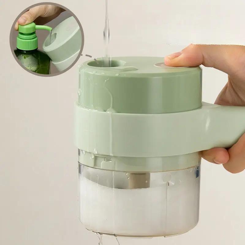 Picadora de alimentos eléctrica portátil 4 en 1: miniprocesador de alimentos con cuchilla de acero inoxidable, accesorio para rebanar, batidor, cepillo de limpieza y empujador de alimentos; herramienta de cocina compacta para preparar ajo, verduras, huevo