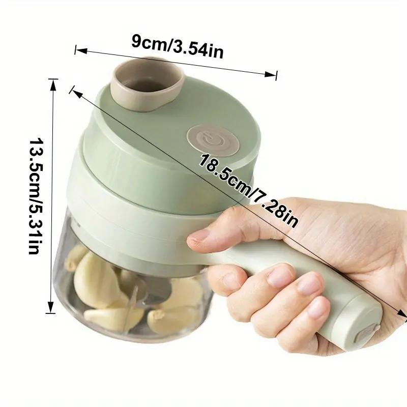 Picadora de alimentos eléctrica portátil 4 en 1: miniprocesador de alimentos con cuchilla de acero inoxidable, accesorio para rebanar, batidor, cepillo de limpieza y empujador de alimentos; herramienta de cocina compacta para preparar ajo, verduras, huevo