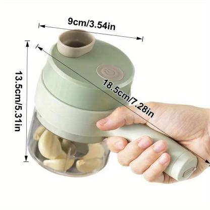 Picadora de alimentos eléctrica portátil 4 en 1: miniprocesador de alimentos con cuchilla de acero inoxidable, accesorio para rebanar, batidor, cepillo de limpieza y empujador de alimentos; herramienta de cocina compacta para preparar ajo, verduras, huevo