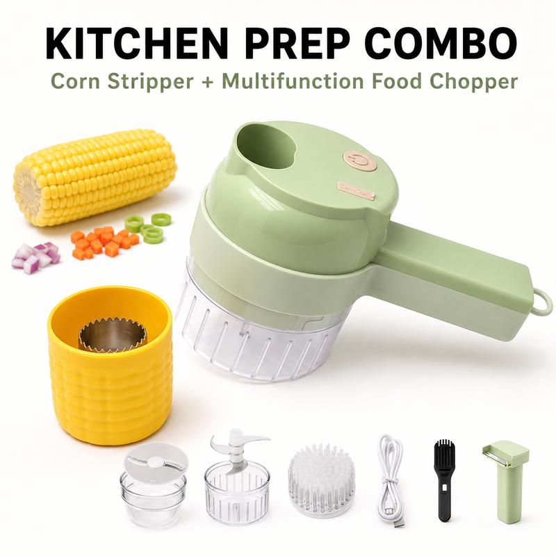 Picadora de alimentos eléctrica portátil 4 en 1: miniprocesador de alimentos con cuchilla de acero inoxidable, accesorio para rebanar, batidor, cepillo de limpieza y empujador de alimentos; herramienta de cocina compacta para preparar ajo, verduras, huevo