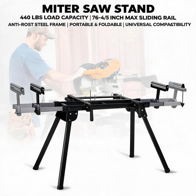 Soporte para sierra ingletadora con capacidad de 200 kg (440 lb): universal y plegable, longitud máxima del riel de 195 cm (76,8 pulgadas), soporte portátil de acero con soportes de rodillos de altura ajustable y topes para cortes repetitivos.