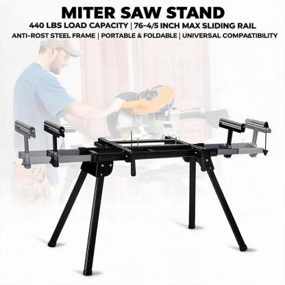 Soporte para sierra ingletadora con capacidad de 200 kg (440 lb): universal y plegable, longitud máxima del riel de 195 cm (76,8 pulgadas), soporte portátil de acero con soportes de rodillos de altura ajustable y topes para cortes repetitivos.