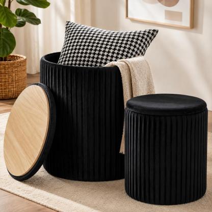 Juego de 2 otomanas redondas plegables de terciopelo con almacenamiento - Taburete tapizado, estructura de madera resistente para uso diario, apilable, taburete de tocador verde, muebles para espacios pequeños, muebles de sala listos para usar