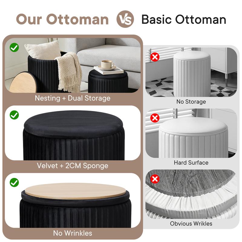 Juego de 2 otomanas redondas plegables de terciopelo con almacenamiento - Taburete tapizado, estructura de madera resistente para uso diario, apilable, taburete de tocador verde, muebles para espacios pequeños, muebles de sala listos para usar