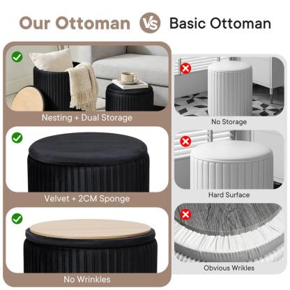 Juego de 2 otomanas redondas plegables de terciopelo con almacenamiento - Taburete tapizado, estructura de madera resistente para uso diario, apilable, taburete de tocador verde, muebles para espacios pequeños, muebles de sala listos para usar