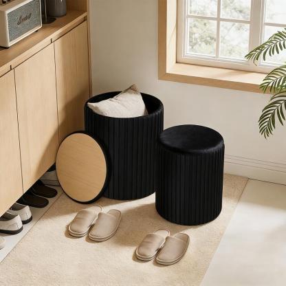 Juego de 2 otomanas redondas plegables de terciopelo con almacenamiento - Taburete tapizado, estructura de madera resistente para uso diario, apilable, taburete de tocador verde, muebles para espacios pequeños, muebles de sala listos para usar