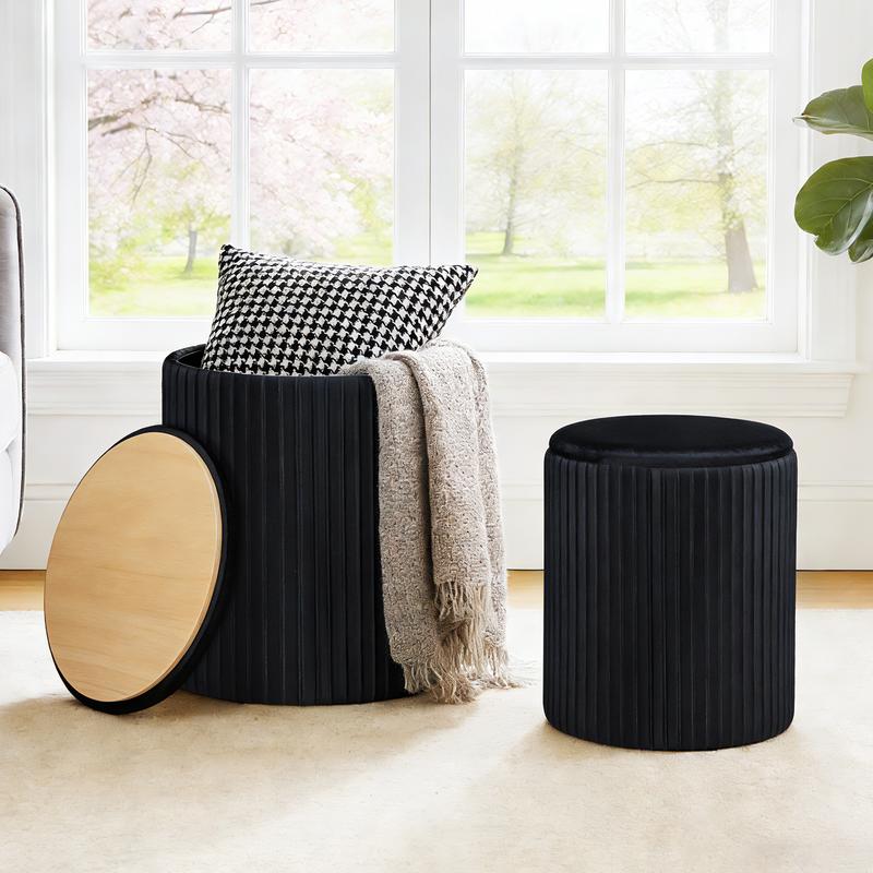 Juego de 2 otomanas redondas plegables de terciopelo con almacenamiento - Taburete tapizado, estructura de madera resistente para uso diario, apilable, taburete de tocador verde, muebles para espacios pequeños, muebles de sala listos para usar