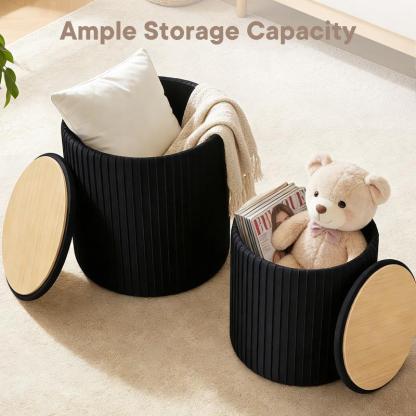 Juego de 2 otomanas redondas plegables de terciopelo con almacenamiento - Taburete tapizado, estructura de madera resistente para uso diario, apilable, taburete de tocador verde, muebles para espacios pequeños, muebles de sala listos para usar