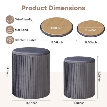 Juego de 2 otomanas redondas plegables de terciopelo con almacenamiento - Taburete tapizado, estructura de madera resistente para uso diario, apilable, taburete de tocador verde, muebles para espacios pequeños, muebles de sala listos para usar