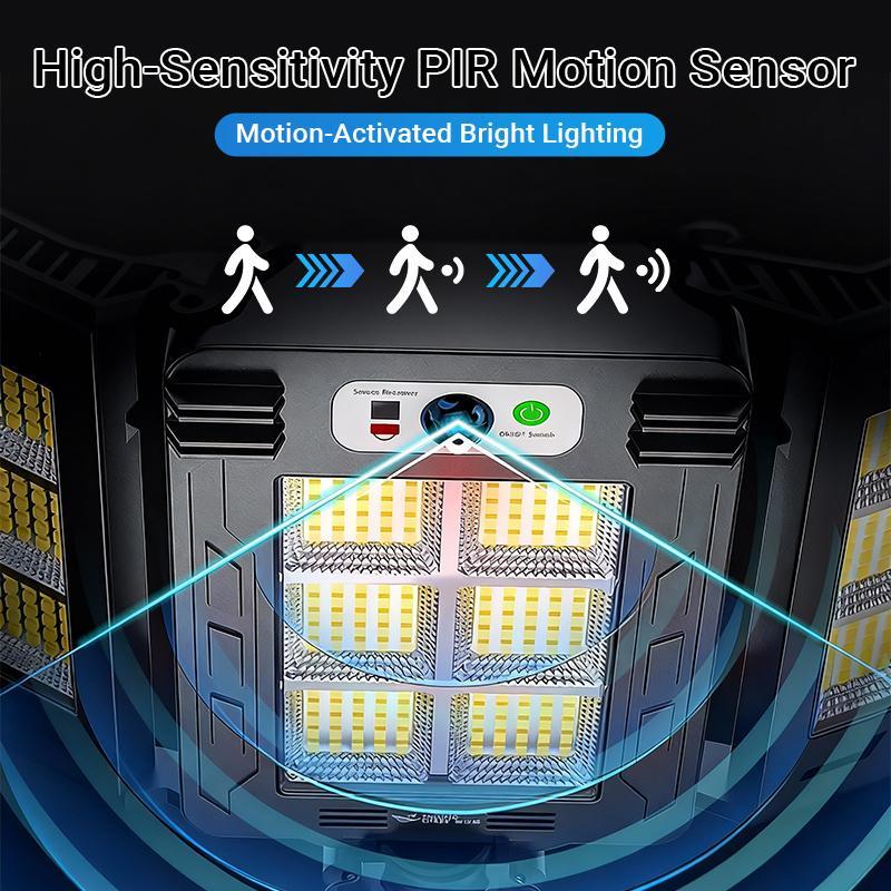 Focos solares de 800 LED con sensor de movimiento, control remoto, resistentes al agua IP65, 3 modos de brillo, luces de seguridad exteriores superbrillantes.