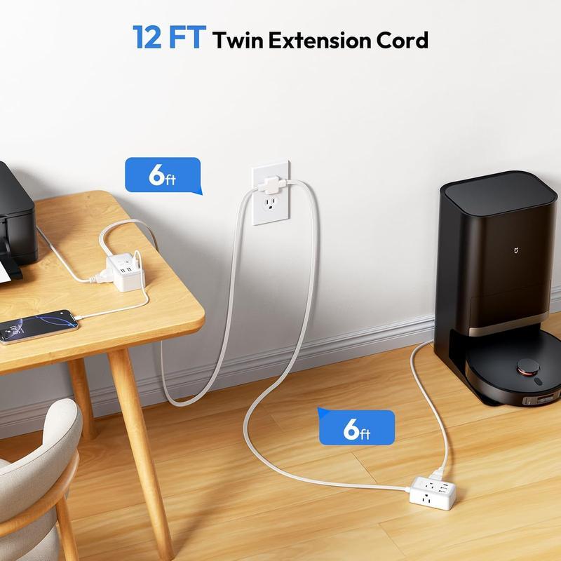 Divisor de cable de extensión doble de 12/18 pies, con cable de extensión doble de 6 pies en cada lado, 3 tomas de corriente anchas, cable de extensión doble para el hogar, la oficina o el dormitorio.