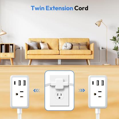 Divisor de cable de extensión doble de 12/18 pies, con cable de extensión doble de 6 pies en cada lado, 3 tomas de corriente anchas, cable de extensión doble para el hogar, la oficina o el dormitorio.