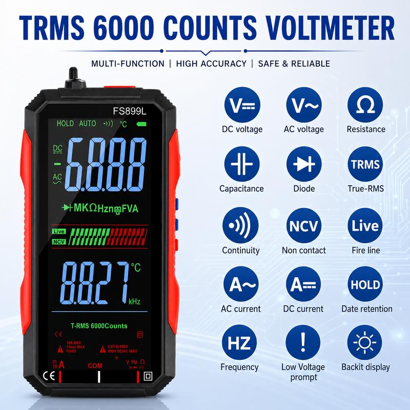 Multímetro digital compacto True RMS de 6000 cuentas - Recargable por USB, rango automático, comprobador de voltaje NCV con detección de cable vivo/neutro, pantalla retroiluminada, puntas de prueba para mecánicos, uso doméstico (Herramientas y dispositivo