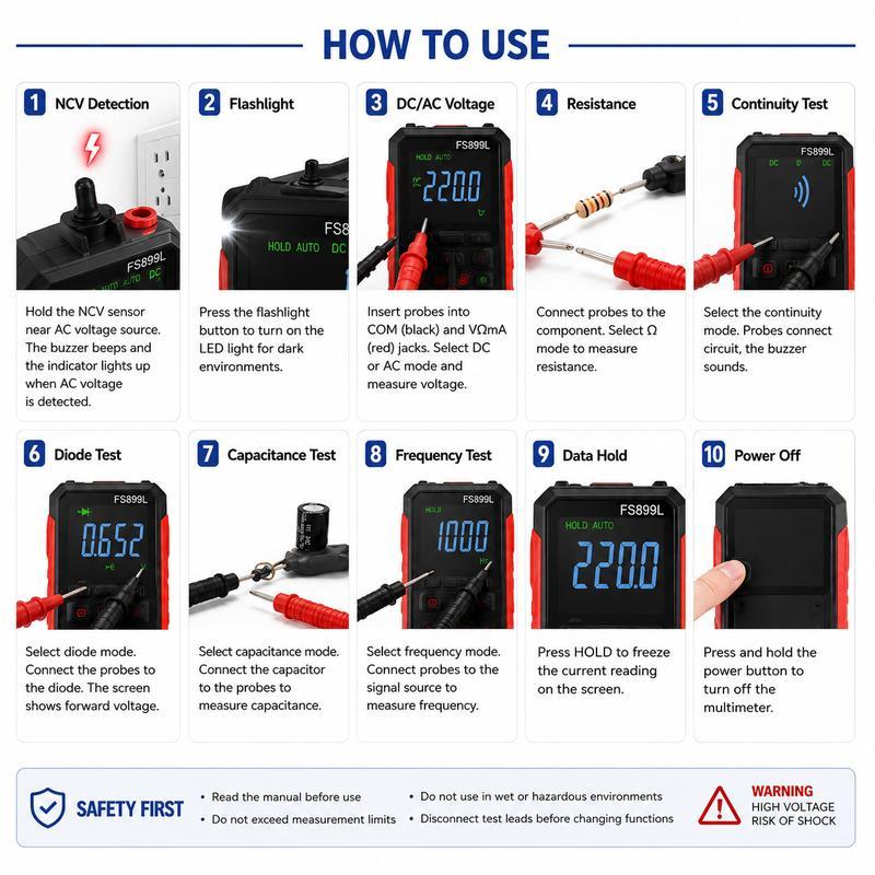 Multímetro digital compacto True RMS de 6000 cuentas - Recargable por USB, rango automático, comprobador de voltaje NCV con detección de cable vivo/neutro, pantalla retroiluminada, puntas de prueba para mecánicos, uso doméstico (Herramientas y dispositivo