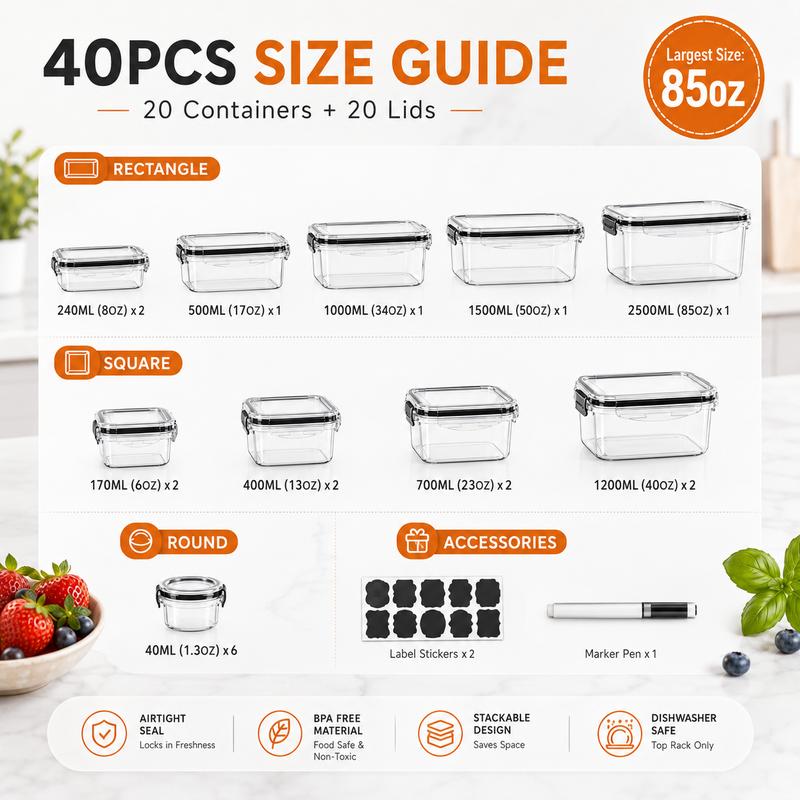 Kit de almacenamiento de alimentos hermético (50 piezas/paquete de 25), recipientes para preparación de comidas, cajas reutilizables de plástico transparente para refrigerios, apilables y a prueba de fugas, sin BPA, con tapas de silicona, organiza