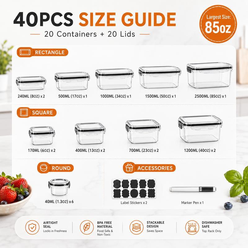 Kit de almacenamiento de alimentos hermético (50 piezas/paquete de 25), recipientes para preparación de comidas, cajas reutilizables de plástico transparente para refrigerios, apilables y a prueba de fugas, sin BPA, con tapas de silicona, organiza