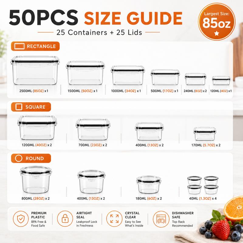 Kit de almacenamiento de alimentos hermético (50 piezas/paquete de 25), recipientes para preparación de comidas, cajas reutilizables de plástico transparente para refrigerios, apilables y a prueba de fugas, sin BPA, con tapas de silicona, organiza