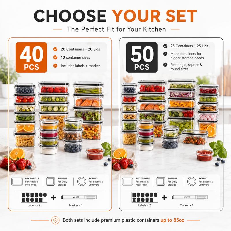 Kit de almacenamiento de alimentos hermético (50 piezas/paquete de 25), recipientes para preparación de comidas, cajas reutilizables de plástico transparente para refrigerios, apilables y a prueba de fugas, sin BPA, con tapas de silicona, organiza
