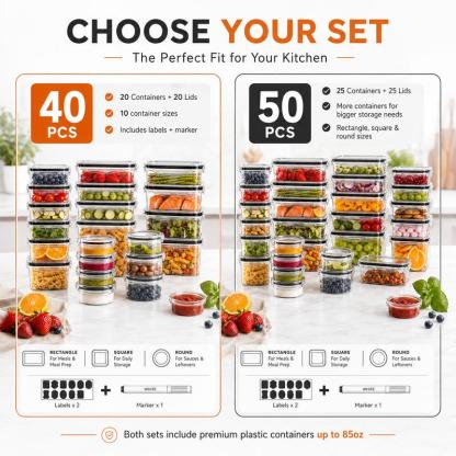 Kit de almacenamiento de alimentos hermético (50 piezas/paquete de 25), recipientes para preparación de comidas, cajas reutilizables de plástico transparente para refrigerios, apilables y a prueba de fugas, sin BPA, con tapas de silicona, organiza