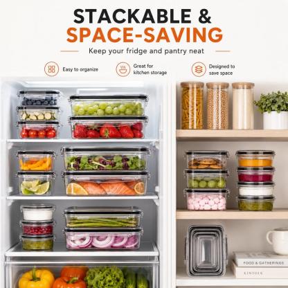 Kit de almacenamiento de alimentos hermético (50 piezas/paquete de 25), recipientes para preparación de comidas, cajas reutilizables de plástico transparente para refrigerios, apilables y a prueba de fugas, sin BPA, con tapas de silicona, organiza