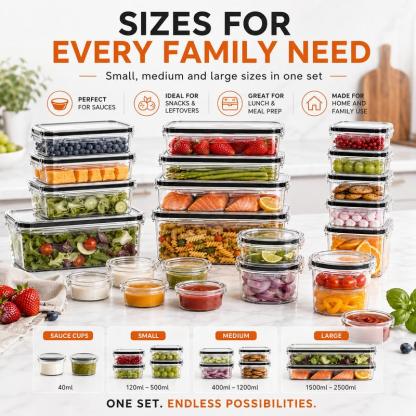 Kit de almacenamiento de alimentos hermético (50 piezas/paquete de 25), recipientes para preparación de comidas, cajas reutilizables de plástico transparente para refrigerios, apilables y a prueba de fugas, sin BPA, con tapas de silicona, organiza