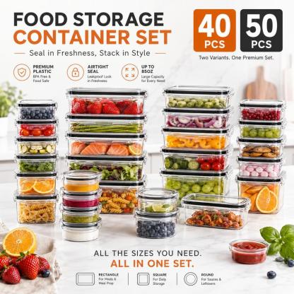 Kit de almacenamiento de alimentos hermético (50 piezas/paquete de 25), recipientes para preparación de comidas, cajas reutilizables de plástico transparente para refrigerios, apilables y a prueba de fugas, sin BPA, con tapas de silicona, organiza