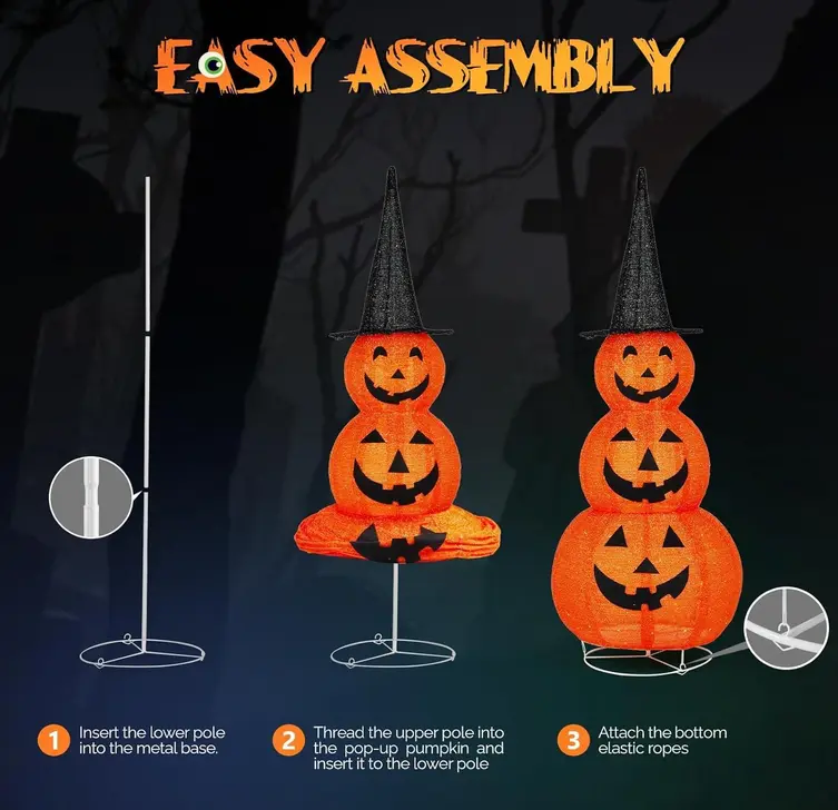 5FT Light Up Collapsible Pumpkin Halloween Decoration with LED Lights, Large Jack-O’-Lantern Outdoor Yard Decor for Porch, Lawn & Party
