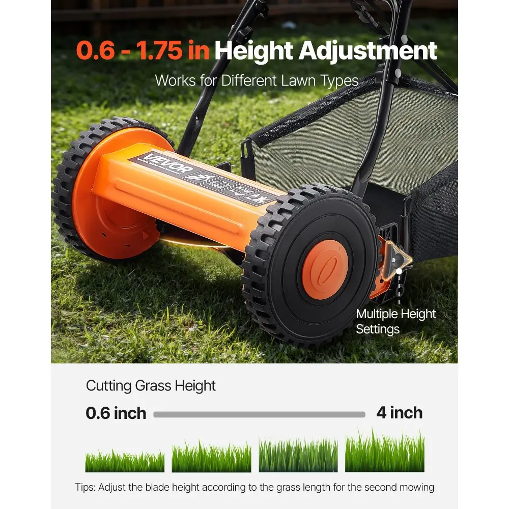 18-Inch Manual Grass Cutter, 5 Steel Lawn Mower Blades, Cushioned U-Handle, Adjustable Height & Grass Catcher Bag - Eco-Friendly Quiet Push Tool for Small Yards, No Gas/Battery Needed