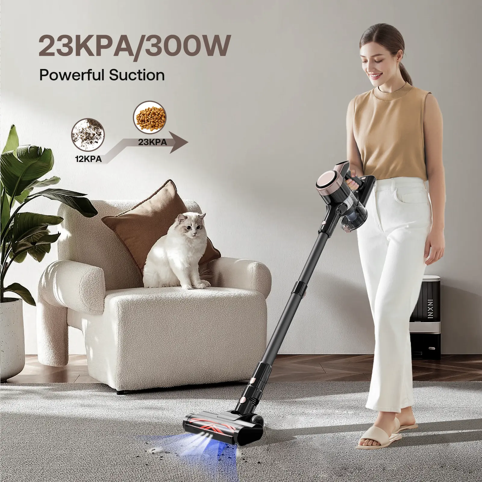 23KPa Cordless Vacuum Cleaner, 300W Powerful Stick Vacuum with 3 Suction Modes, LED Floor Head, Long Runtime & Large Dust Cup for Home Cleaning