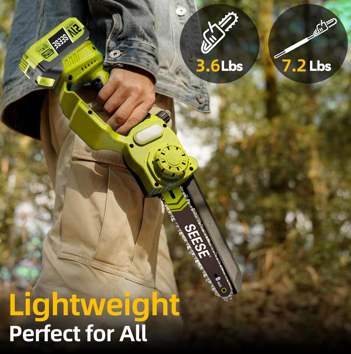 SEESE 2 in 1 Mini Chainsaw with 2 x 21V Batteries, 8" Brushless Electric Pruner, Telescopic Pruning Saw, Working Height up to 15ft, 180&deg; Angled Head, Shoulder Strap