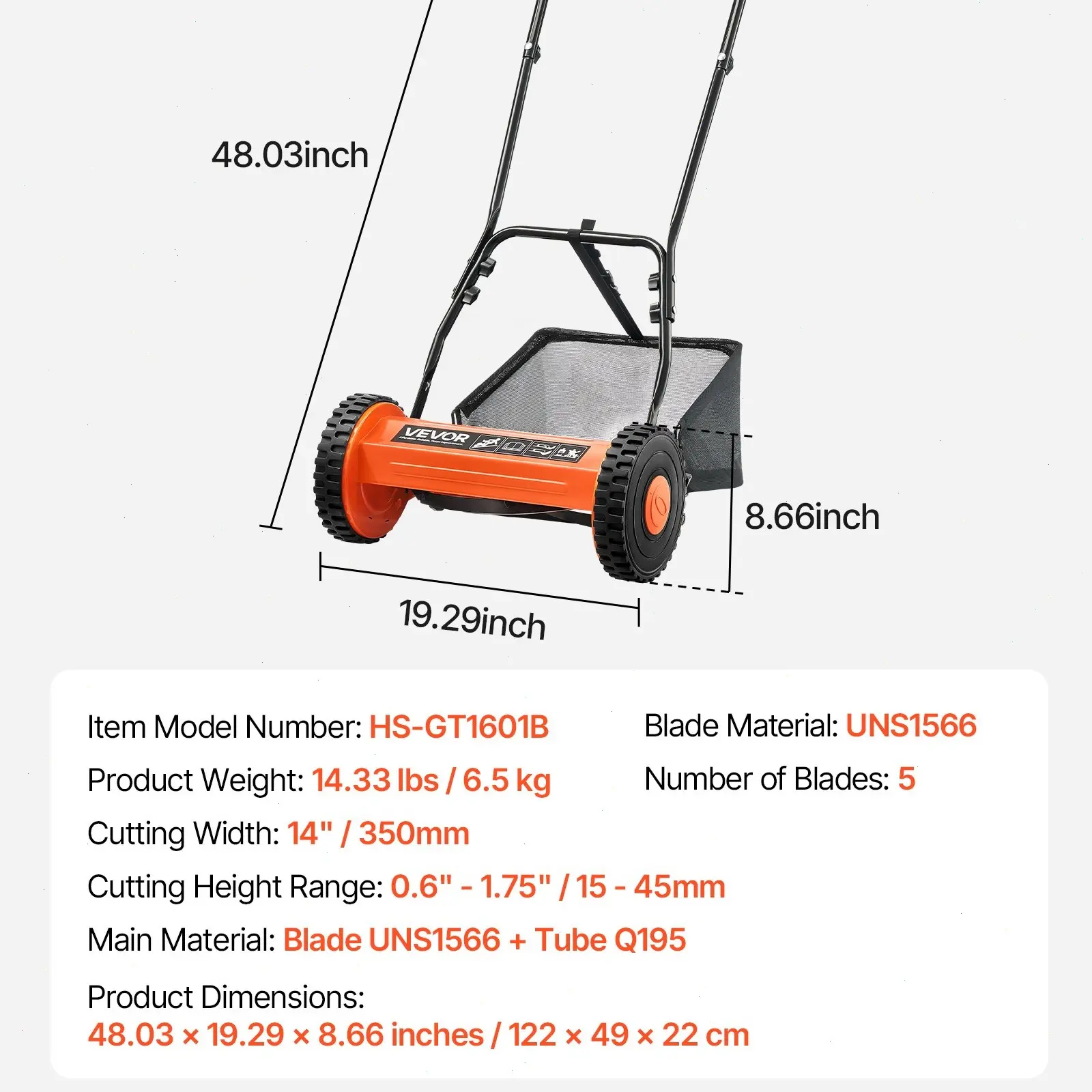 18-Inch Manual Grass Cutter, 5 Steel Lawn Mower Blades, Cushioned U-Handle, Adjustable Height & Grass Catcher Bag - Eco-Friendly Quiet Push Tool for Small Yards, No Gas/Battery Needed