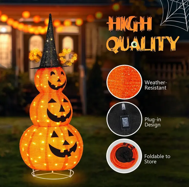 5FT Light Up Collapsible Pumpkin Halloween Decoration with LED Lights, Large Jack-O’-Lantern Outdoor Yard Decor for Porch, Lawn & Party
