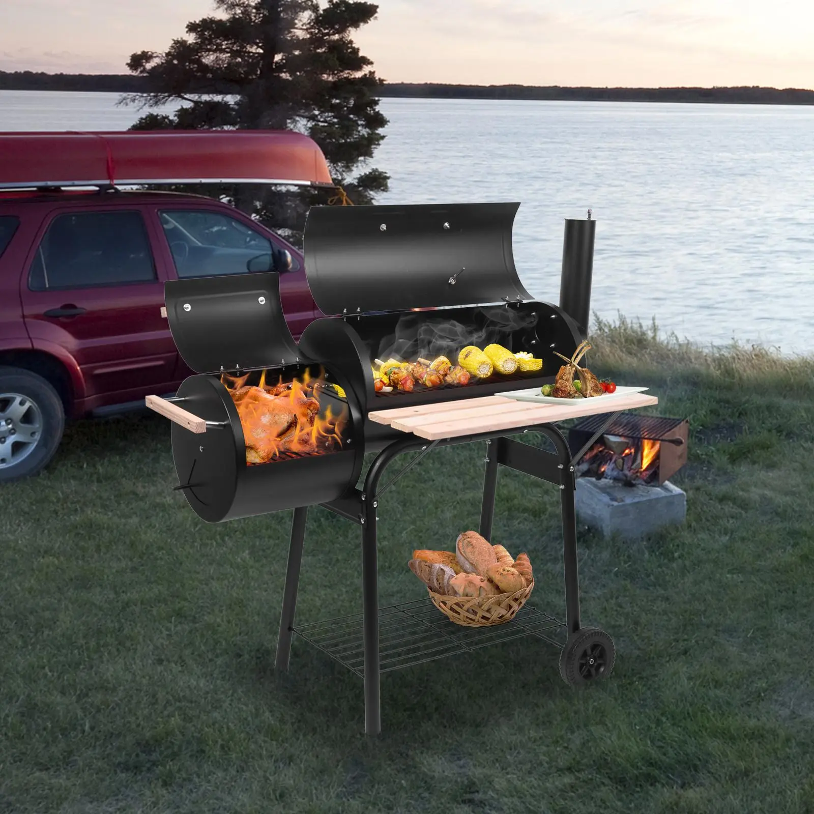 BBQ Charcoal Grill with Offset Smoker, Outdoor Cooker with Wheels & Side Tray, Portable Grill for Backyard, Patio, Camping & Parties