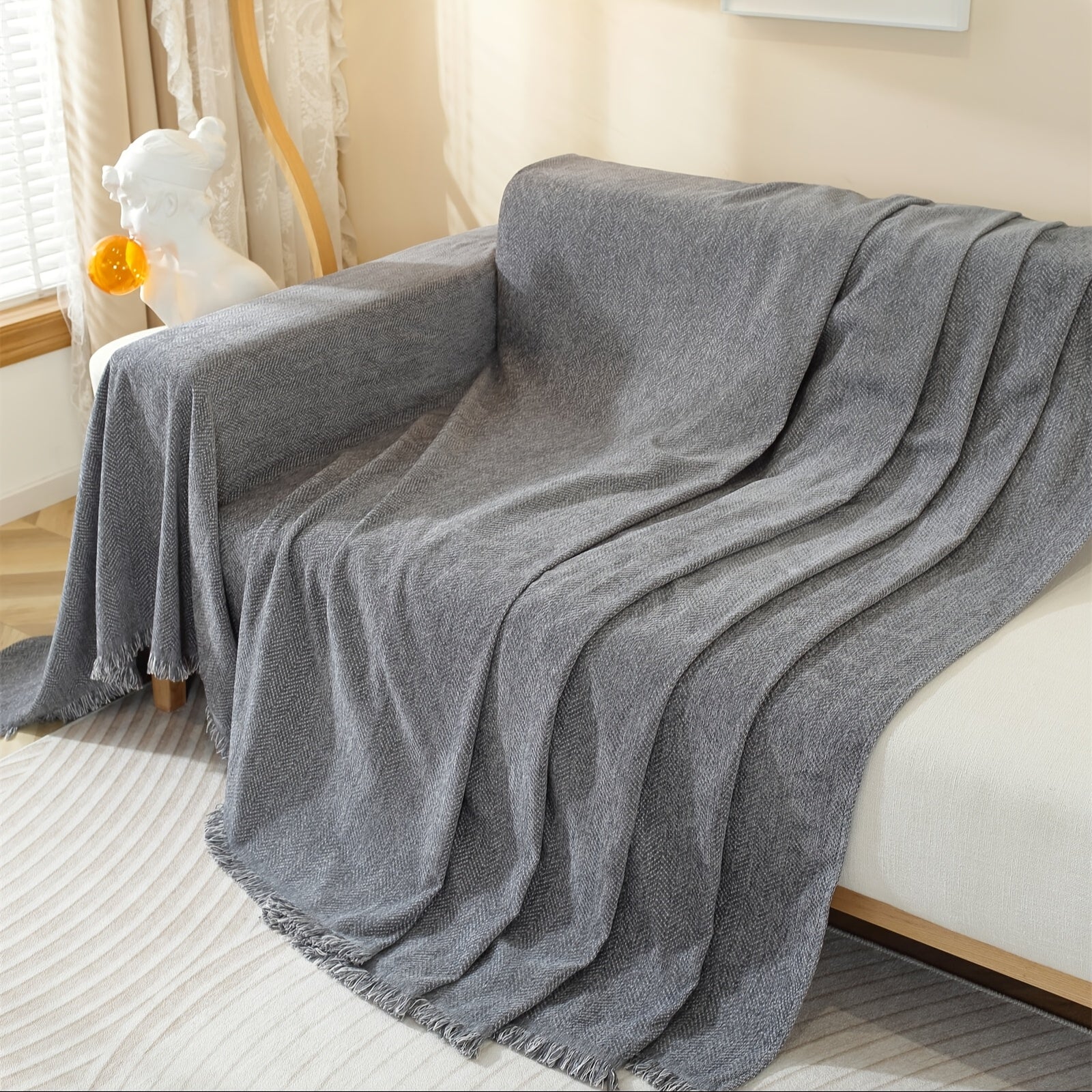 Slate Chenille Tassel Sofa Cover, Soft Textured Couch Protector with Non-Slip Design, Pet-Friendly Furniture Cover for Living Room Sofa, Recliner & Sectional Couch